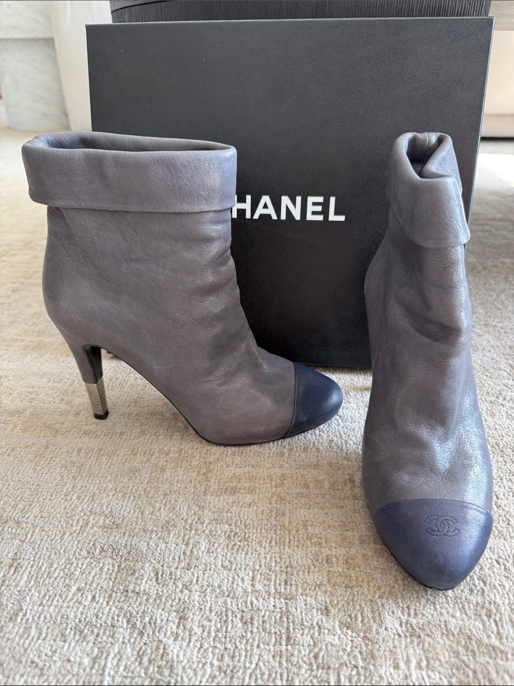 CHANEL Gray Leather Ankle Boots with Navy Cap Toe